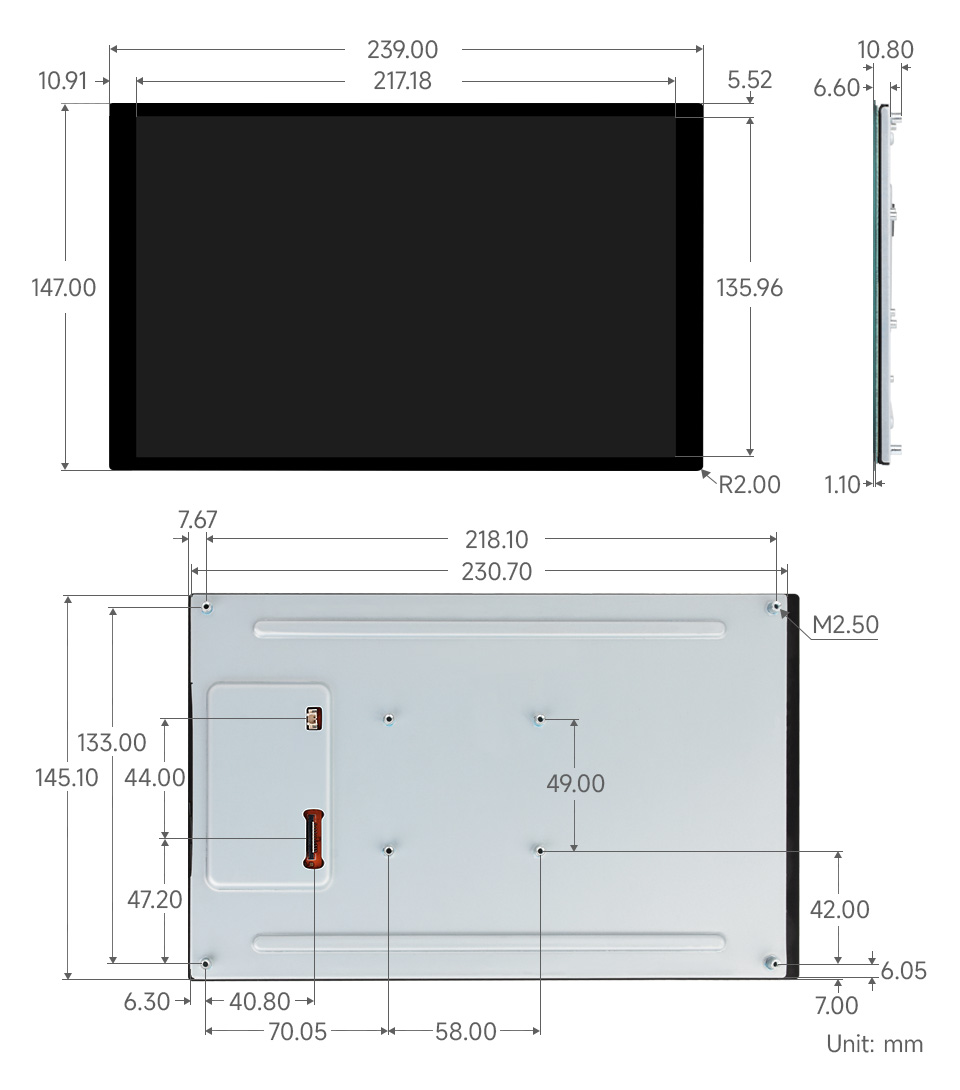 10.1 英寸 DSI 显示屏/触控屏产品尺寸