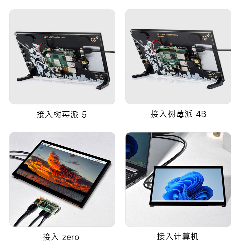 10.1英寸高清触摸屏幕接入树莓派5、树莓派4B、树莓派zero、PC电脑等设备示意图
