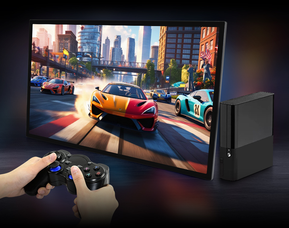 便携屏连接 Xbox 游戏机游玩赛车游戏场景图
