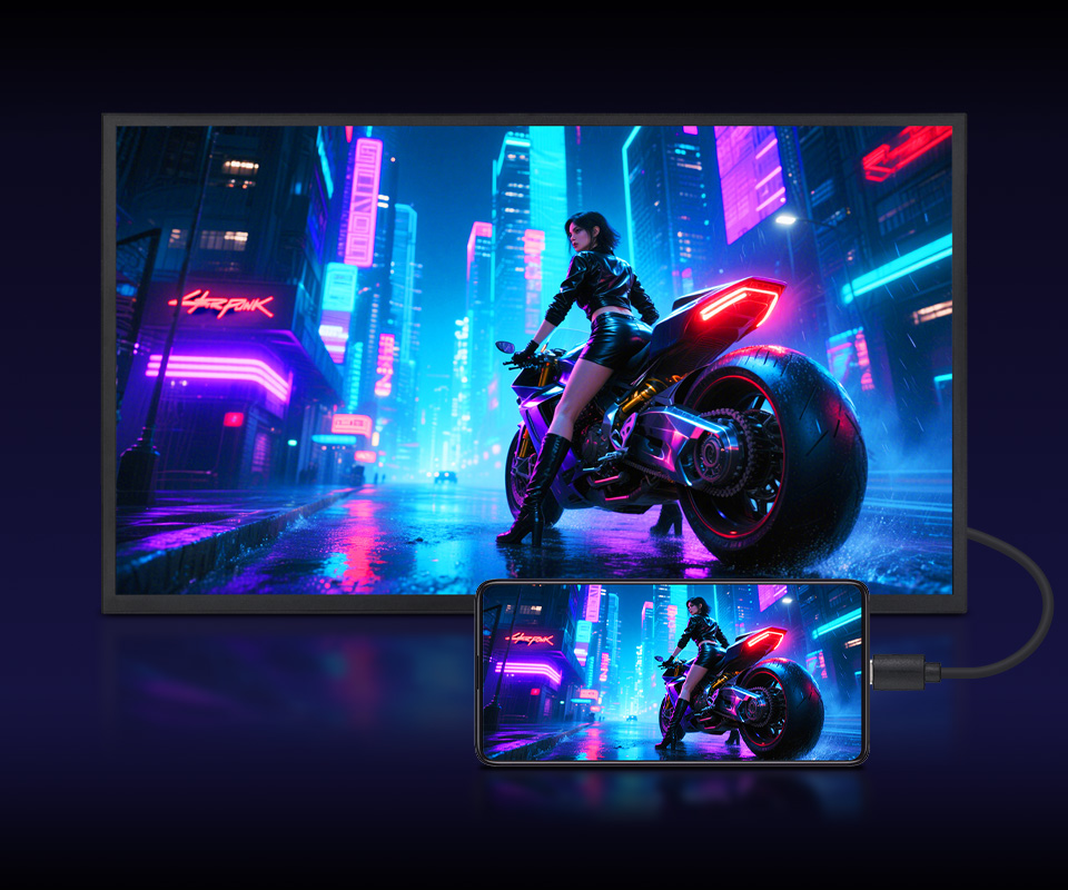 24.5 英寸 2K 便携式显示器 全功能Type-C接口便携显示器演示图:赛博朋克风格画面 女性骑摩托车霓虹城市夜景 手机与显示器同步显示 支持音视频传输即插即用