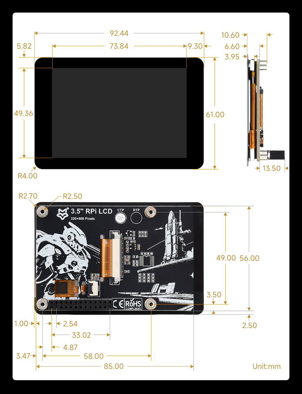 3.5 英寸触摸  LCD 扩展板产品尺寸