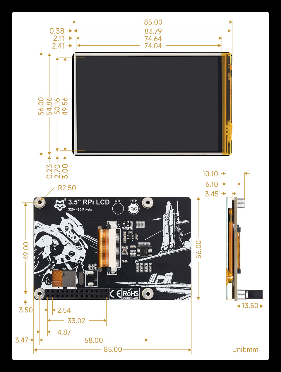 3.5 英寸触摸  LCD 扩展板产品尺寸