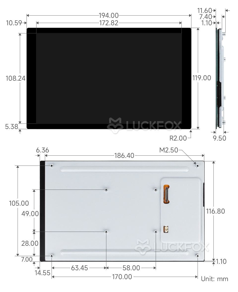 8 英寸 DSI 显示屏/触控屏产品尺寸
