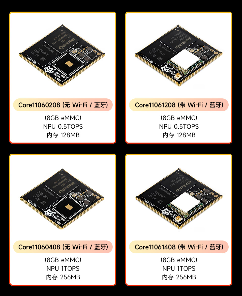 Core1106系列多版本选择，分别为Core11060208 (无Wi-Fi /蓝牙)、Core11061208 (带Wi-Fi /蓝牙)、Core11060408 (无Wi-Fi /蓝牙)和 Core11061408 (带Wi-Fi /蓝牙)