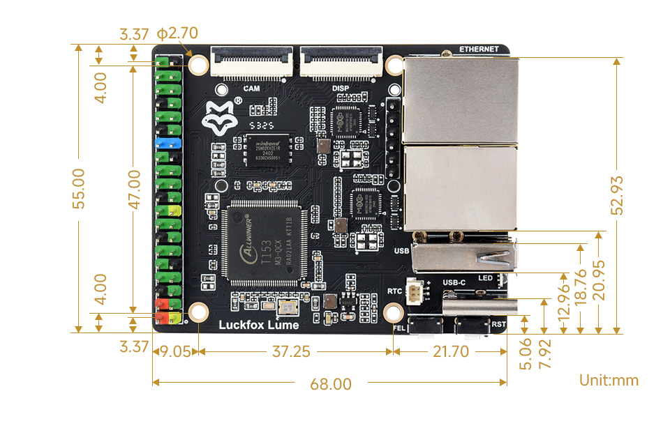 基于全志 T153 多核异构工业处理器的高性能开发板产品尺寸