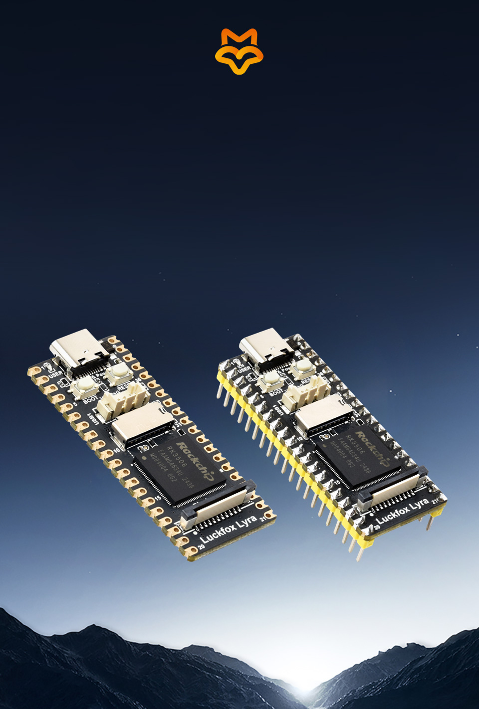 Luckfox Lyra 主图,两个产品在深色的背景,带排针版本和普通版本