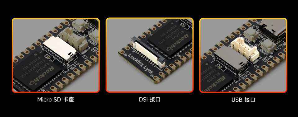 Luckfox Lyra 的 Micro SD 卡座、DSI 接口特写和 USB 接口特写特写