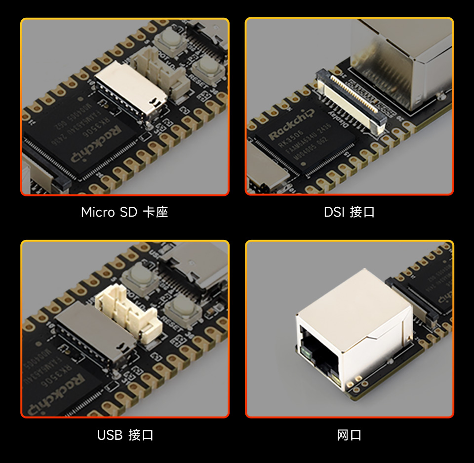 Luckfox Lyra Plus 支持多种接口特写图,包括:micro SD 卡座、DSI 接口、USB 接口以及网口