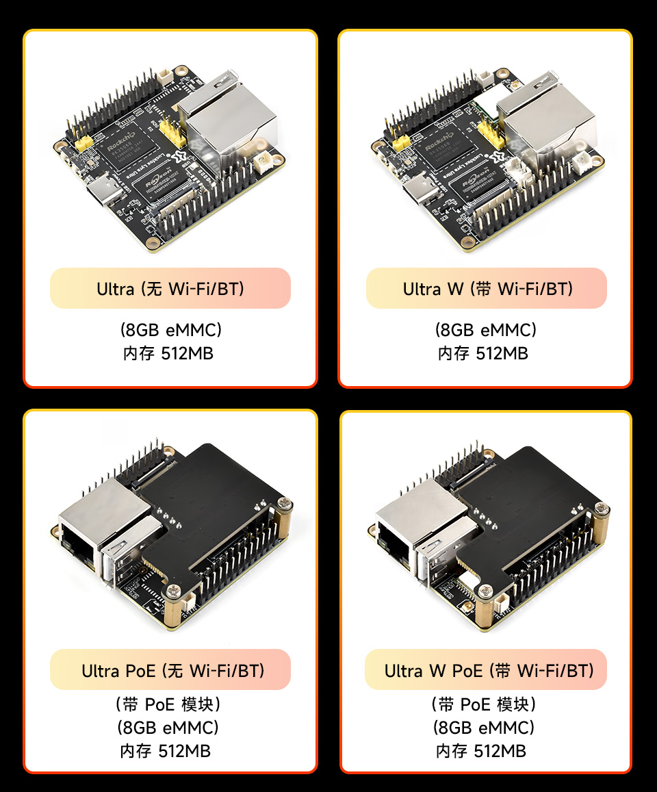 Luckfox Lyra Ultra 及带无线模块的四个可选版本，还有带PoE模块的版本。