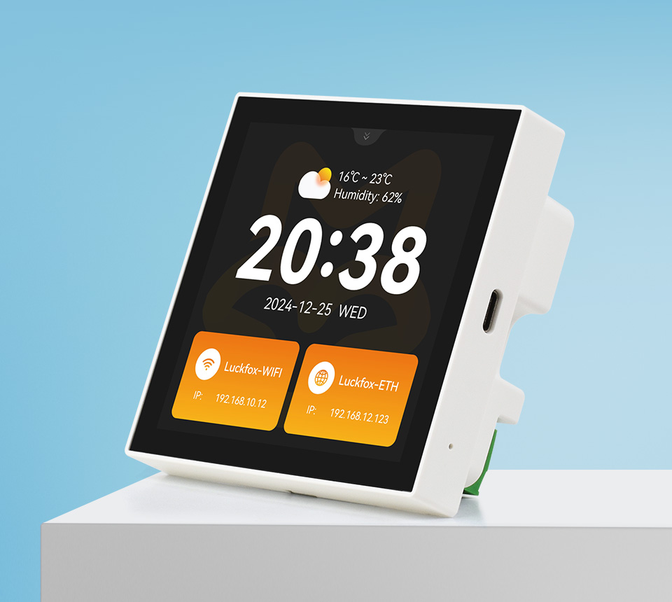 幸狐 Core1106 智能 86 盒首图，在蓝色背景上的侧视图